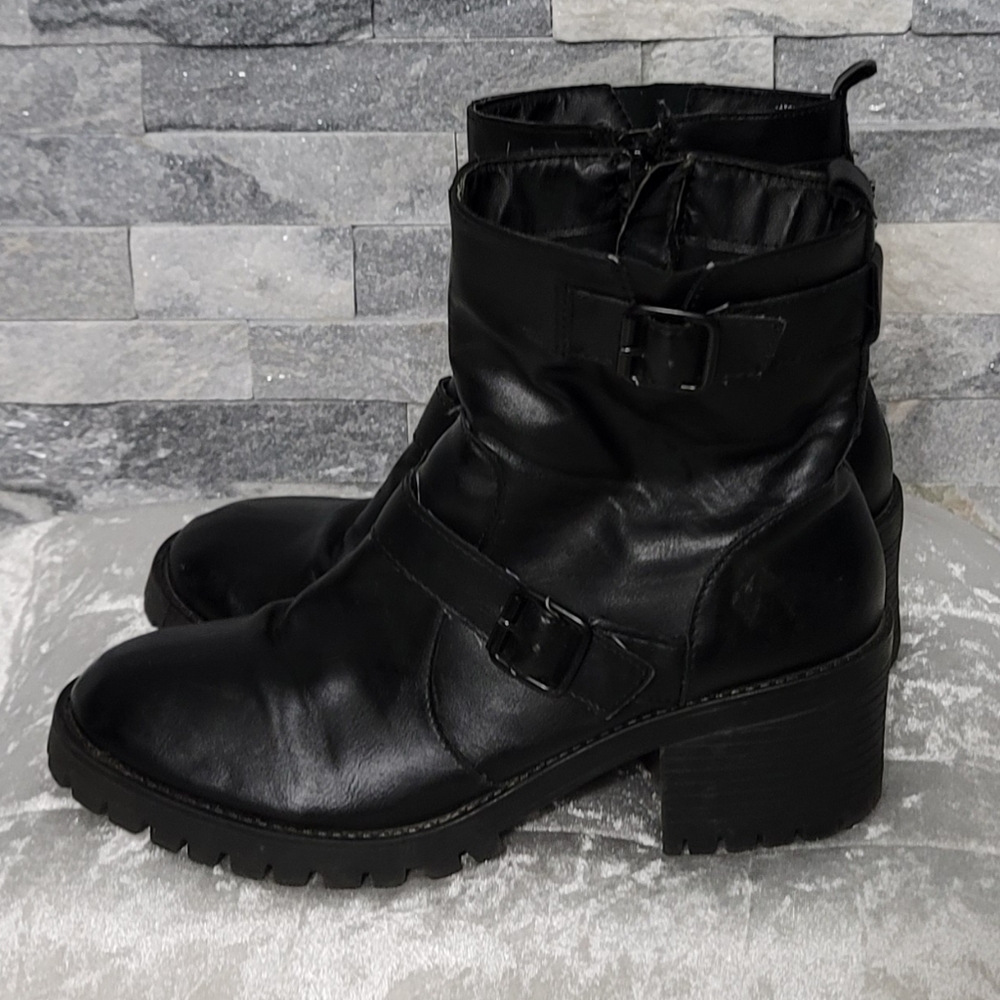 Madden NYC Hatch Black Faux Leather Buckle Chunky Booties